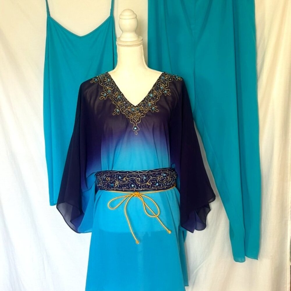 Midnight Velvet Teal and Navy Gradient Beaded Kaftan Dress